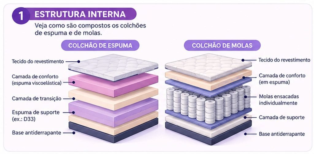 Comparação ilustrativa entre as camadas de um colchão de espuma e a estrutura de um colchão de molas.